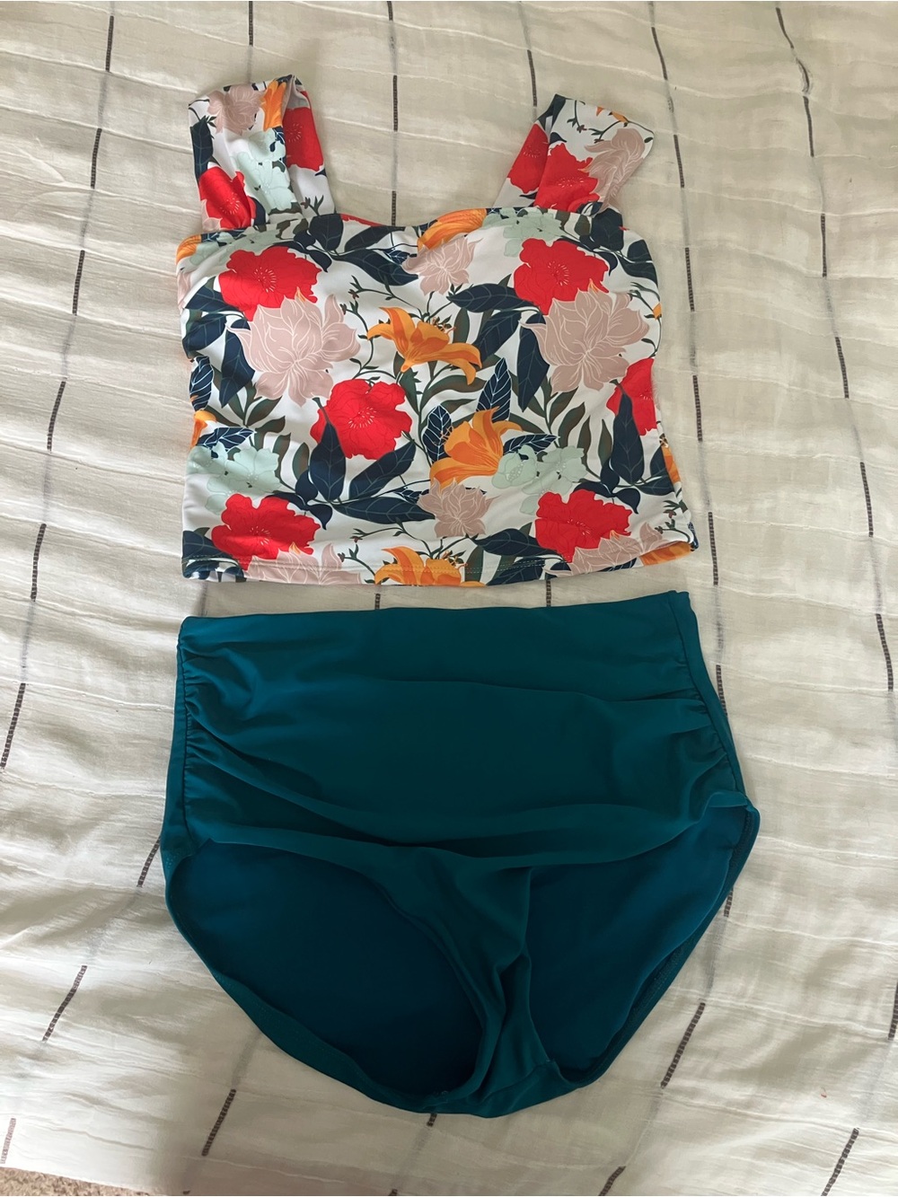 Floral Print Tank Bikini Top with Teal High-Waist Bottoms